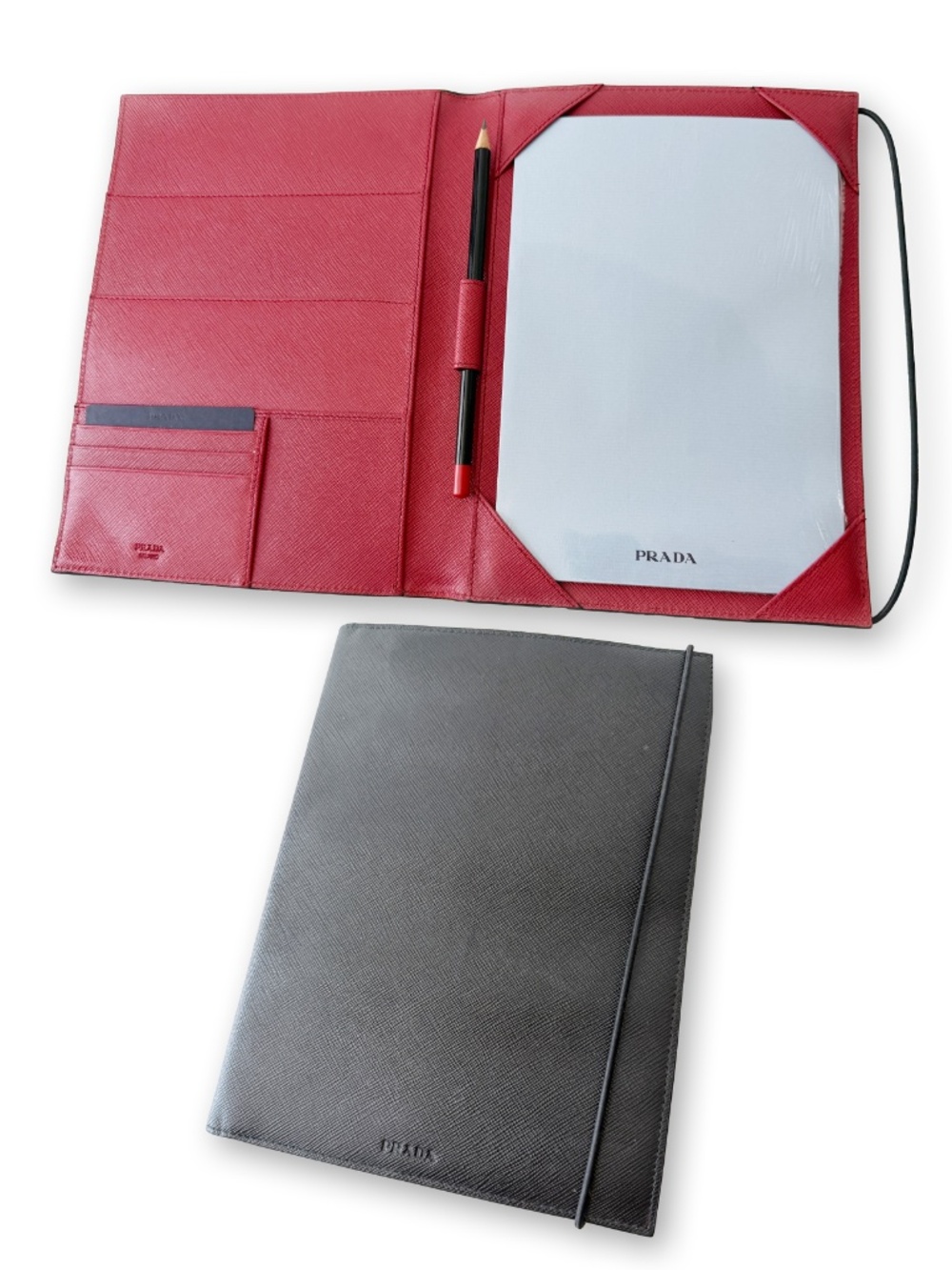 PRADA Milano Saffiano Leather Writing Portfolio Padfolio 9.5x7" Black Rosso Red